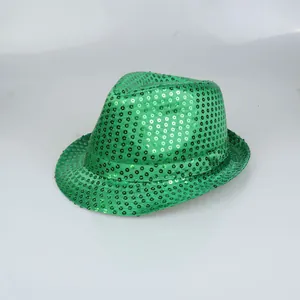 Top view of a sparkling green sequin fedora hat for St. Patrick's Day themed parties