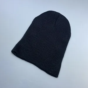 Detailed close-up showing the fine rib-knit texture of a classic black beanie winter hat