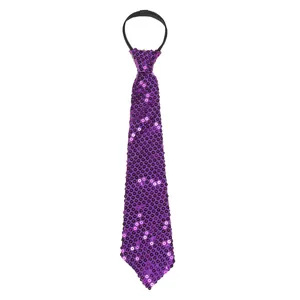 Detail of purple sequin tie featuring shiny glitter discs and black elastic neck strap