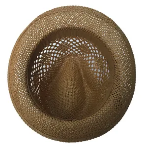 Detail of hollow woven straw hat featuring brown leather strap and inner sweatband