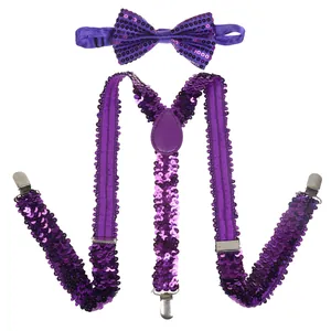 Detail of purple sequin bowtie and Y-back suspenders for men's 1920s party costume set