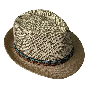 Detail of Panama style straw hat with geometric patterns and ethnic decorative band