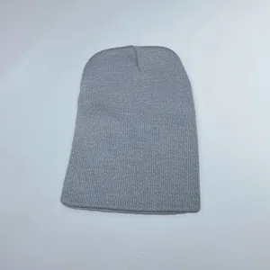 Close-up of gray winter knit beanie showing vertical rib knit pattern and soft texture