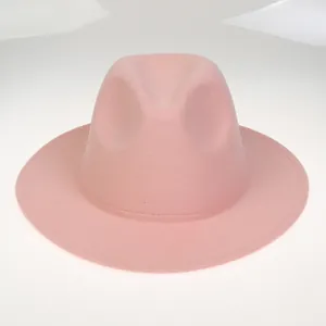 Detailaufnahme des rosa Wollfilzhutes mit klassischer Krone und flacher breiter Krempe