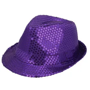 Detailed view of classic purple sequin fedora hat with reflective finish for party costume