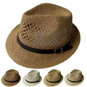 Detail of breathable straw fedora with leather buckle band showing five color variants