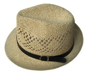 Close-up of woven straw fedora hat featuring a slim black leather belt with silver buckle