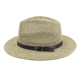 Breathable straw fedora hat with a dark brown leather band and silver buckle
