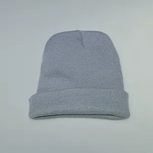 Close-up of the light gray ribbed knit texture and wide folded cuff of the winter beanie