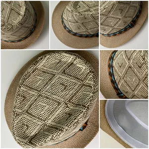 Vintage men's straw fedora featuring ethnic embroidery and geometric weave patterns