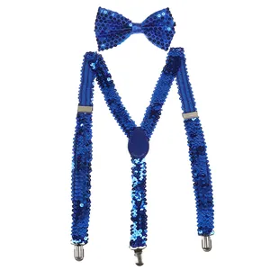 Close-up of blue sequin bow tie and suspenders with shiny silver metal clips