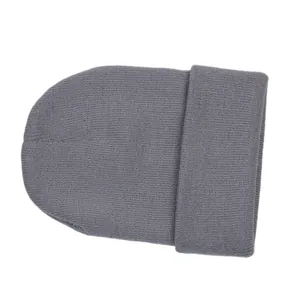 Detailed view of dark grey knitted cuff beanie showing fine machine-stitched texture