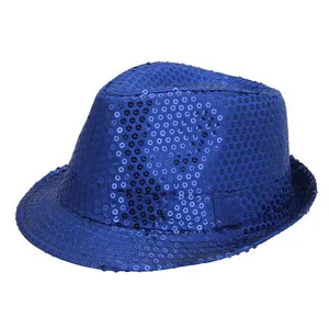 Detail of blue sequined fedora hat with matching satin ribbon for party events