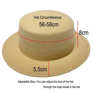 Detailed size chart of khaki wool boater hat with adjustable inner strap and dimensions