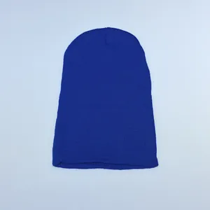 Detailed top-down view of a navy blue ribbed knit beanie with soft warm texture