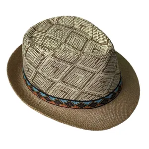 Men's vintage woven straw fedora hat with ethnic patterned band and geometric weave