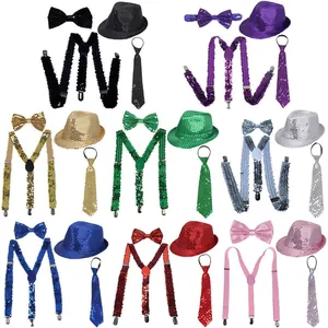 Sequin Fedora Hat Bow Tie Suspender And Necktie For Men Gatsby Party Stage Performance Accessory Vintage Costume