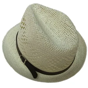 Classic woven straw fedora with leather buckle band and breathable open mesh design
