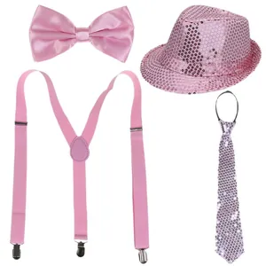 Pink party costume set with sequined top hat, bow tie, necktie, and suspenders for men