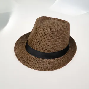 Chapeau fedora classique en paille marron foncé avec ruban noir pour protection solaire