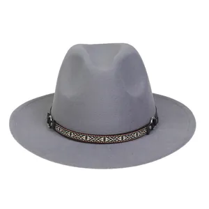 Grey wool felt jazz hat with ethnic geometric band and silver metal ring detail