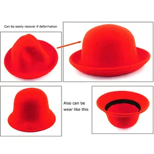 Red wool felt bowler hat with flexible shape recovery and adjustable brim for women