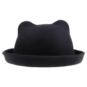 Chapeau melon d'hiver noir en laine avec oreilles de chat mignonnes et bord roulé