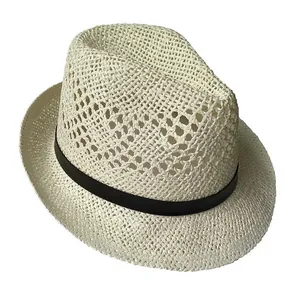 Classic cream woven straw fedora hat with black band and breathable mesh design