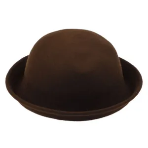 Detail shot of the dark brown wool felt bowler hat with a rounded crown and rolled brim