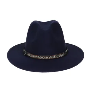 British style navy wool fedora hat with colorful geometric embroidery and leather strap