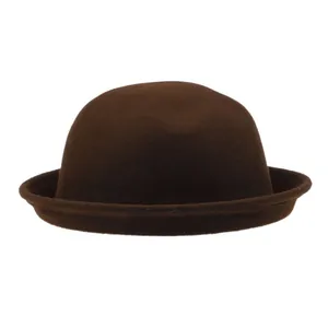Classic British style brown wool felt bowler hat with a vintage curled brim for women