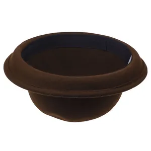 Detailed top view of a brown wool felt bowler hat with a rolled brim and inner sweatband