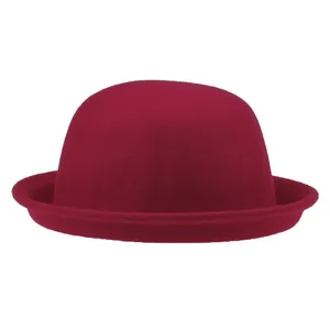 Detail of the high-quality burgundy wool felt material on this stylish bowler hat