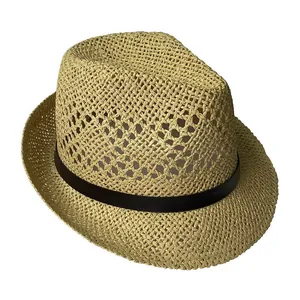 Detail of breathable hollow-weave straw fedora with black decorative ribbon band
