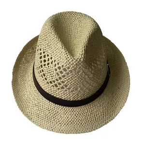 Detailed close-up showing the breathable natural straw weave texture of the fedora sun hat