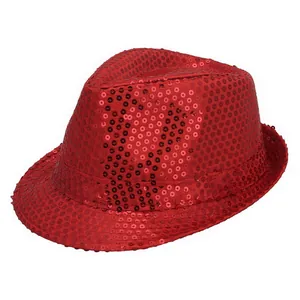 Sparkly red sequin jazz fedora hat with satin ribbon for party stage performances