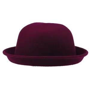Detailed view of the dark purple wool felt bowler hat with a classic rolled brim design