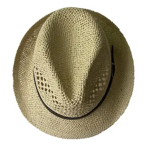 Top-down view of woven straw fedora featuring a dark leather band and metal buckle