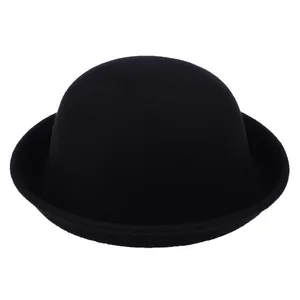 Classic black wool felt bowler hat with rounded crown and curled brim on white background