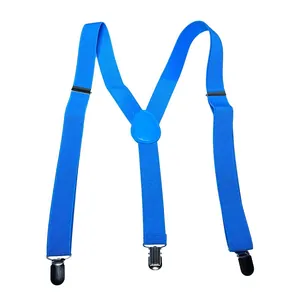 Dettaglio delle bretelle elastiche blu a Y con clip in metallo argento e regolatori