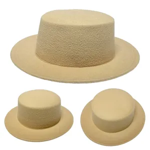 Three-way view of beige wool felt boater hat with flat brim and wide top crown
