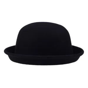 Detailed view of black wool felt bowler hat featuring a rounded top and rolled brim