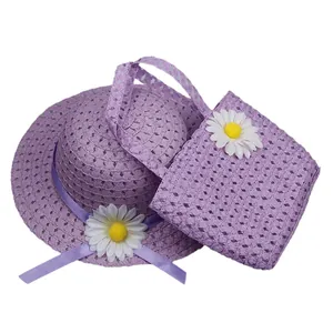 Kids purple straw sun hat and matching handbag set with white daisy floral accents