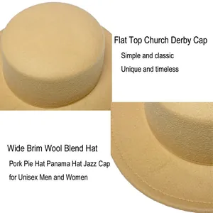 Detailed macro shot of flat top beige wool felt hat with fine texture and wide brim