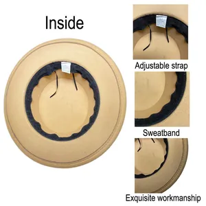 Detail of wool fedora hat interior showing adjustable drawstring and sweatband