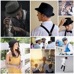 Collage of classic breathable fedora hats for men and women in black, grey and white
