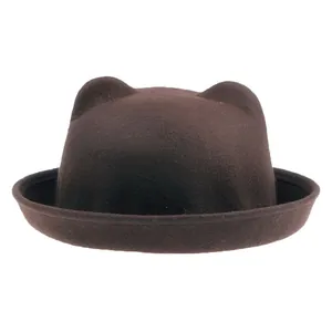 Chapeau melon en feutre de laine marron foncé avec oreilles de chat mignonnes