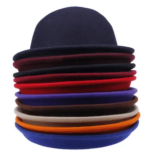 Vintage British Style Solid Color Polyester Felt Bowler Hat For Women Men Autumn Winter Rolled Edge Dome Jazz Hat
