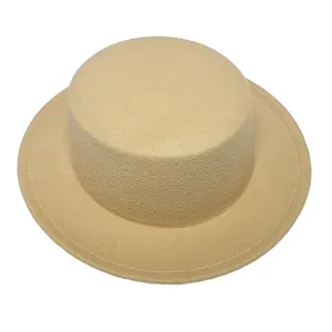 Top view detail of khaki flat top wool fedora showing clean stitching and matte texture