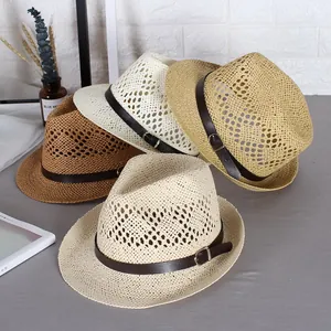 Set of four breathable straw fedora hats with leather belts in white, beige, and tan tones